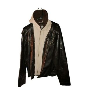 Surplus MENS L Hooded Bomber JACKET Brown Imitation Leather Double Zipper Collar